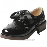 AIMODOR Womens Lace Up Wingtip Oxford Patent Leather Chunky Heel Brogue Shoes