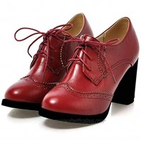 Womens PU Leather Oxfords Wingtip Lace up Thick High Heel Pumps Round Toe Shoes Vintage Classic