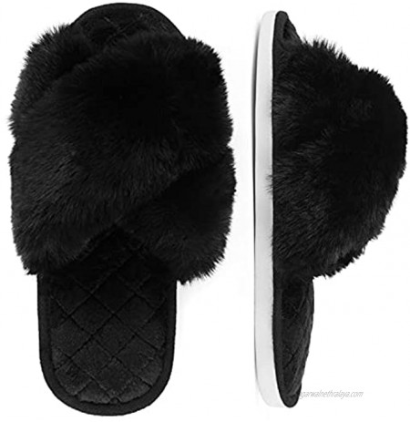 Menore Women's Cross Band Slippers Soft Plush Furry Cozy Open Toe House Shoes Faux Fur Warm Comfy Slip On Breathable Indoor Outdoor