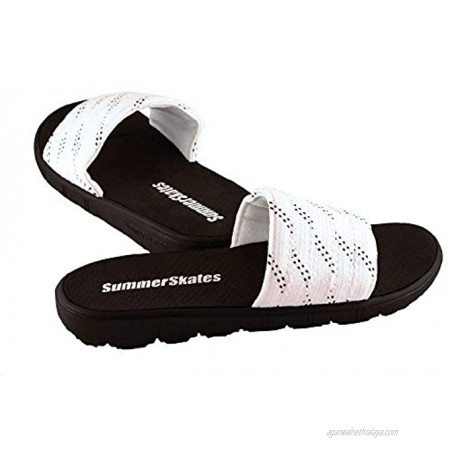 SummerSkates Sandals Hockey Laces Slide Sandals for Men Women White with Black Laces Design Extra Small