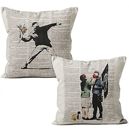 M-Qizi Banksy Love is in The Air Rioter Decorative Throw Pillow Case Gift for Son Brother Gift for Banksy Lovers,Street Art Decor for Sofa Couch Room Home 18 x 18 Inch Set of 2