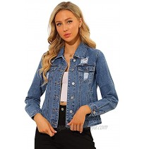 Allegra K Women's Ripped Distressed Casual Long Sleeve Fitted Cropped Denim Jean Jacket