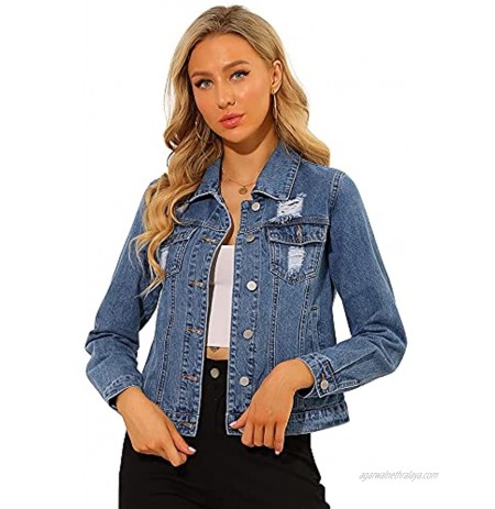 Allegra K Women's Ripped Distressed Casual Long Sleeve Fitted Cropped Denim Jean Jacket