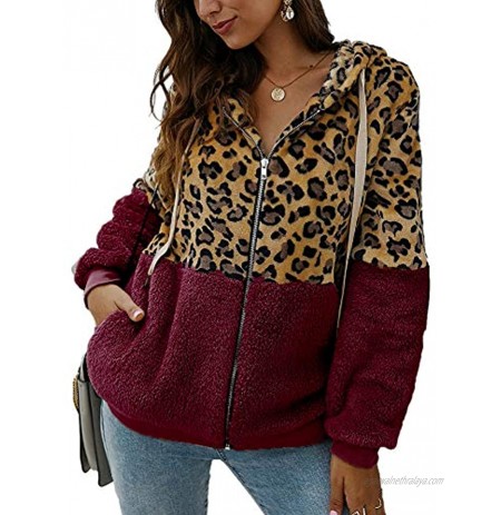 SCORP Women's Leopard Printed Drawstring Fuzzy Hooded Zipper Jacket Coat