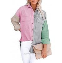 wklzaqi Women Long Sleeve Corduroy Button Down Collared Shirt Color Block Jacket Tops Blouse
