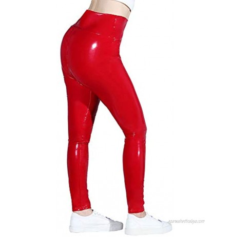 INDJXND High Waisted Shiny Faux Leather Leggings for Women Skinny Latex Pants Sexy Punk Black PU Tight Trousers