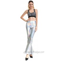 INDJXND Women Flare Shiny Leggings Metallic Mermaid Ruffle Bell Bottom Pants for Women Disco High Waist Legging