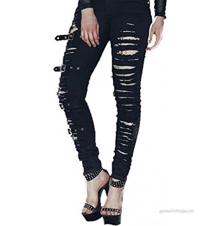 Punk Women Black Torn Hole Stretchy Legging Pants Jeans with Buckles