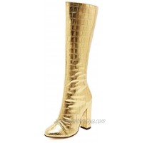 Pofameeta Women Boots High Heels Winter Boots Round Toe Plus Size Gold Black Knee High Boots Chunky Heels