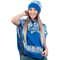 Blue Alpaca Poncho with Scarf and hat for Women