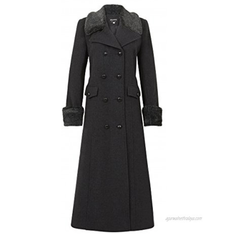 De La Creme Black Women`s Winter Wool Cashmere Military Coat Faux Fur Collar Size 10