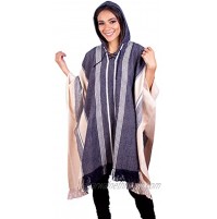 INTI ALPACA Hodded Beige and Blue Alpaca Poncho for Women “Suyana” Traditional Peruvian Blanket Poncho