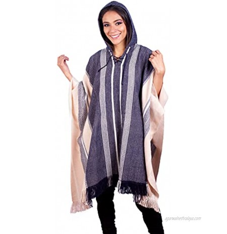 INTI ALPACA Hodded Beige and Blue Alpaca Poncho for Women “Suyana” Traditional Peruvian Blanket Poncho