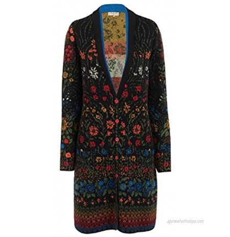 IVKO Impression Floral Pattern V-Neck Coatigan in Black Extra Fine Merino Wool Button Up Sweater Coat