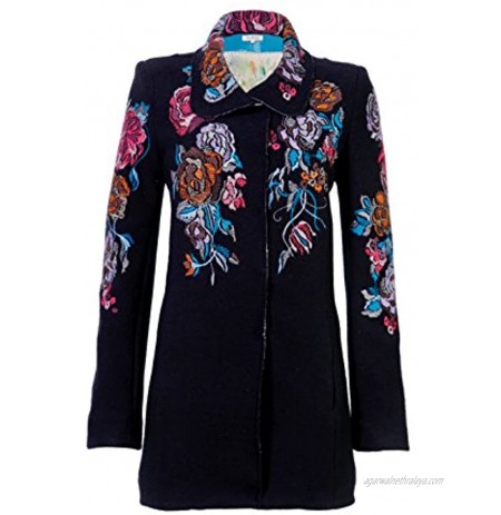IVKO Short Merino Wool Coat with Embroidered Flower Designs Black