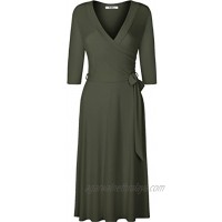 BodiLove Women's 3 4 Sleeve V-Neck Solid Knee Length Wrap Dress