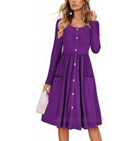 Itemnew Womens Crewneck Dec-Button Fit and Flare Knee Length Pleated Dress Pockets