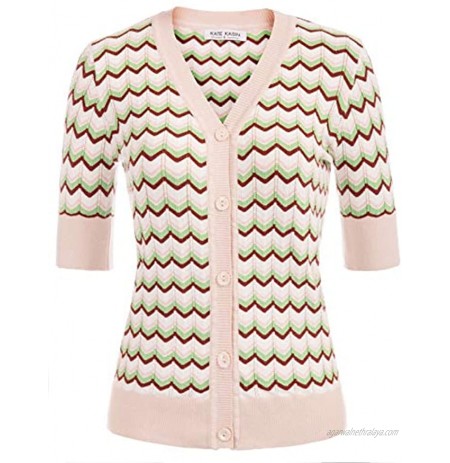 Kate Kasin Women Short Sleeve Knit Shirt Button Up V Neck Knitwear Summer Tops Sweater