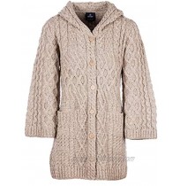 Ladies Merino Wool Irish Knit Buttons Long Cardigan for Women with Hood and Front Pockets Made in Ireland