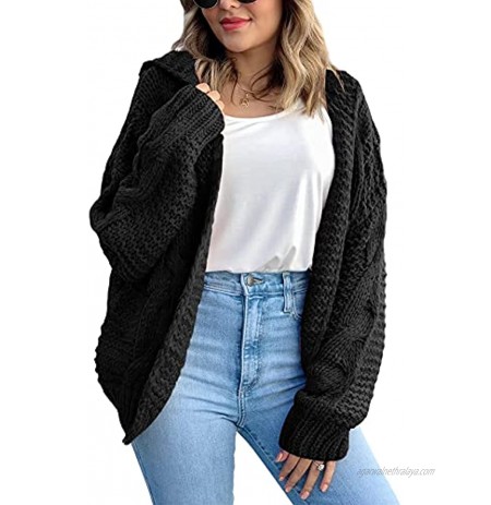 Langwyqu Womens Open Front Cardigan Hooded Cable Knit Long Sleeve Oversized Sweaters