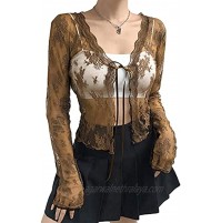 Women Sexy See Through Cardigan Y2K Long Sleeve Lace Mesh T-Shirt Girls E-Girl Vintage Lace Up Crop Top Streetwear