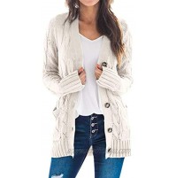 Women's Long Sleeve Open Front Cardigans Sweater Solid Color Twist Button Cable Knit Coat Outwear with Pockets