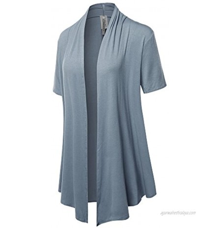 Women's Solid Jersey Knit Draped Open Front Short Sleeves Cardigan