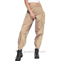 DRESSMECB Women's Casual Outdoor Elastic High Waisted Cargo Pant Baggy Jogger Pants with Pockets
