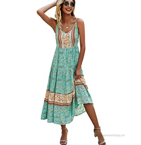 Angashion Women's Dresses Floral Adjustable Spaghetti Strap V Neck Boho Long Maxi Dress Summer Beach Flowy Ethnic Sundress