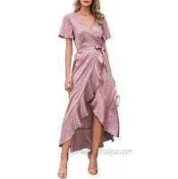 Miessial Women's Summer Chiffon V Neck Ruffle Maxi Dress Polka Dot Long Beach Wrap Dress