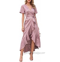 Miessial Women's Summer Chiffon V Neck Ruffle Maxi Dress Polka Dot Long Beach Wrap Dress