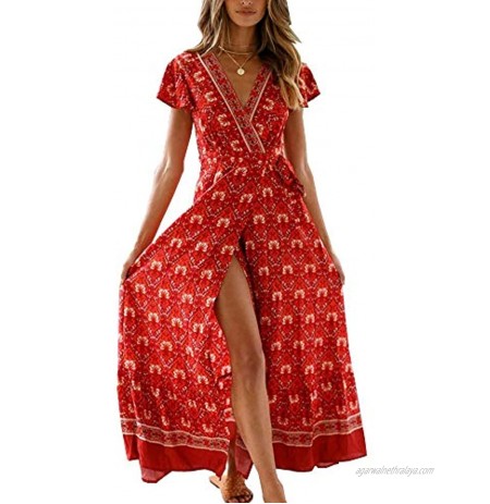 PRETTYGARDEN Women's Summer Bohemian Floral Printed Ruffle Hem Split Belted Flowy Long Dress