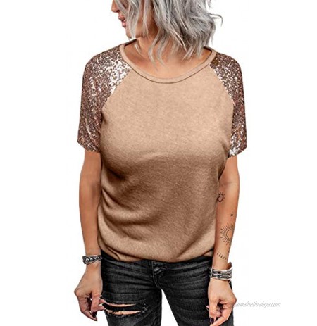 Dokotoo Womens Summer Casual Loose Round Neck Sequin Short Sleeve Tunic Tops Tee Shirts