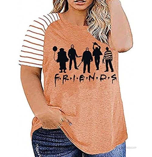 Plus Size Halloween Friends Shirt Women Horror Movies Novelty Graphic Short Sleeve Tee Tops Striped Raglan Tee Shirts