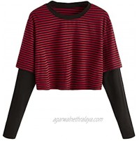 Romwe Women's 2 in 1 Casual Contrast Striped Long Sleeve Graphic Print Crop Tops T-Shirt Tee