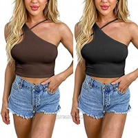 Amilia Women's 2 Pack Basic Solid Casual Criss Cross Tank Tops Knit Cami Crop Layer Shirts Summer Y2K E-Girl Fashion