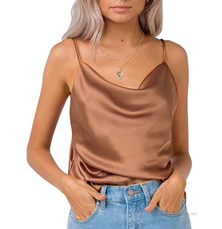 Simplee Women's Casual Silk Satin Tank Top Sexy Plain Cami V Neck Spaghetti Strap Vest Top