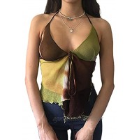 Women Y2K Sexy Deep V Neck Halter Crop Top Lace Patchwork Graphic Print Camisole Spaghetti Strap Cami Tank Tops