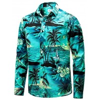 EUOW Mens Hawaiian Shirts Floral Printed Casual Long Sleeve Button Down Beach Dress Shirts