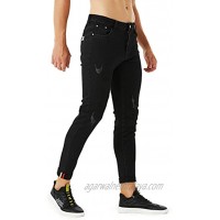 FERRYBOAT Mens Skinny Slim Fit Distressed Jeans Fashion Stretch Tapered Leg Denim Pants w Inner Side Stripe Detail