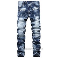 Men's Stylish Camo Printed Straight Fit Stitching Moto Biker Blue Jeans