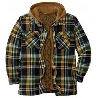 Himosyber Mens Quilted Lined Zipper Button Plaid Hooded Pocketed Jacket Shacket Coat