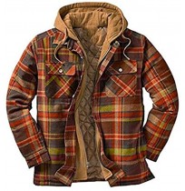 Himosyber Mens Quilted Lined Zipper Button Plaid Hooded Pocketed Jacket Shacket Coat Brown X-Large