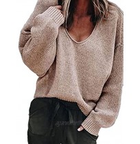 Aoulaydo Women's V Neck Pullover Sweater Comfy Long Sleeve Lightweight Casual Knit Tops