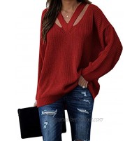 Aurgelmir Women Oversized Sweater Long Sleeve Cut Out V Neck Sweaters Knitted Pullover Jumper Top