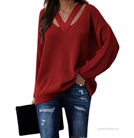 Aurgelmir Women Oversized Sweater Long Sleeve Cut Out V Neck Sweaters Knitted Pullover Jumper Top