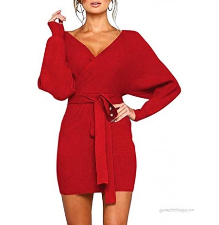 Cutiefox Women's Sexy Deep V Neck Sweater Dress Batwing Sleeve Backless Bodycon Knit Mini Dress with Belted