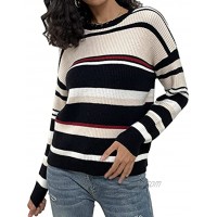 dowerme Women’s Cute Striped Print Sweaters Long Sleeves Fashion Sweater Boat Neck Casual Knitted Pullover Jumper Tops