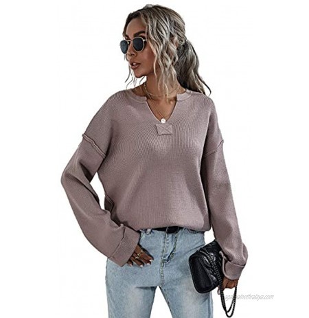 Elysa Kees Womens V Neck Bell Sleeve Pullover Sweater Patchwork Turn Up Cuff Loose Fit Rib Knit Tops