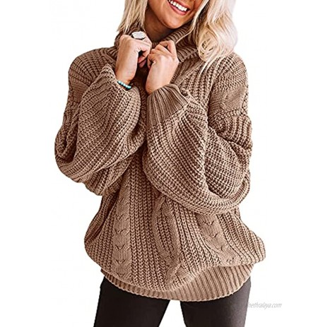 FERBIA Women Cowl Neck Pullover Sweater Oversized Chunky Cable Knit Slouchy Baggy Batwing Loose Balloon Sleeve Jumper